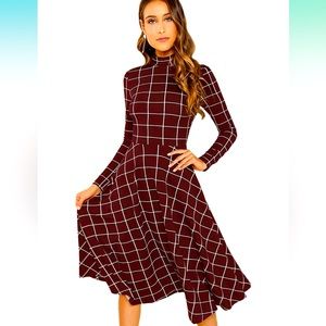 Floerns Women's High Neck Plaid Fit and Flare Midi Dress Red M